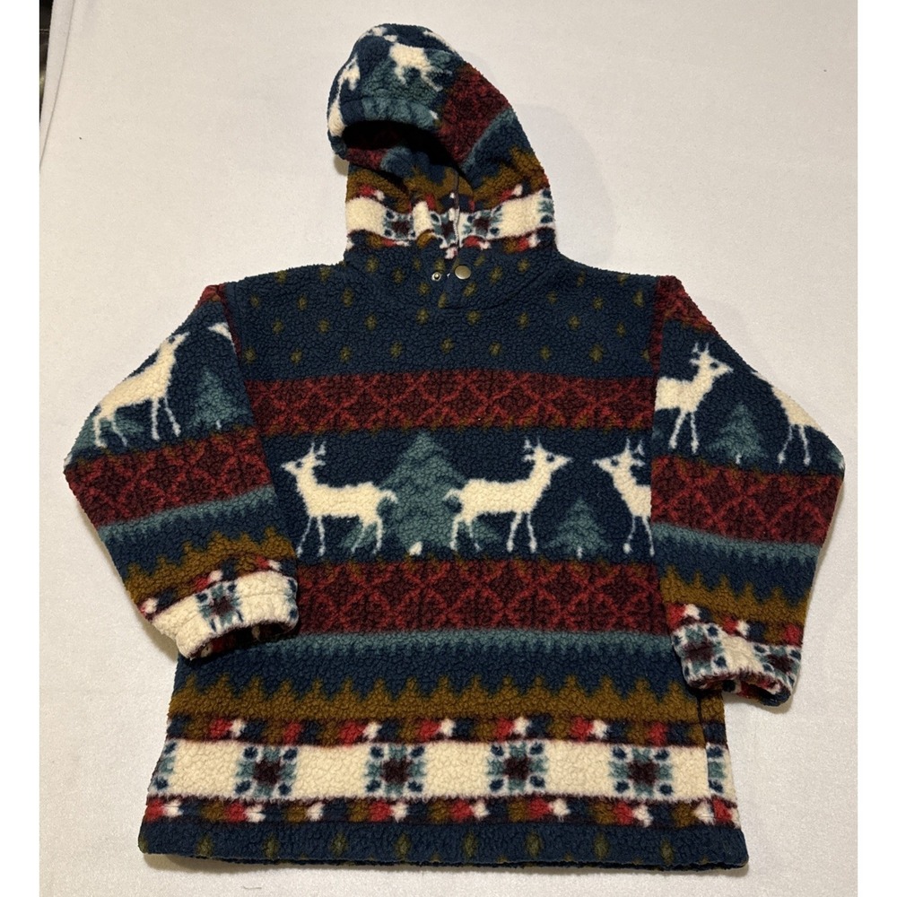 Vtg Talbot Kids Nordic Hoodie Pullover Sherpa Sweater Reindeer Polartec Sz M USA